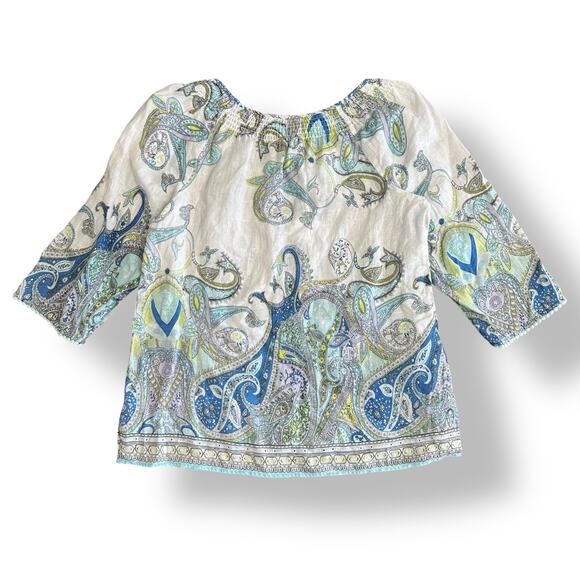 Charter Club Linen Paisley Peasant Top 1X White Blue Green 3/4 Sleeve Resort‎ - Picture 5 of 8